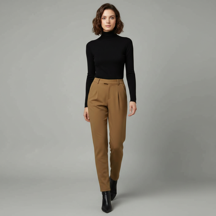 Pantaloni eleganti da donna a vita alta con gamba dritta, perfetti per ufficio e look versatili.