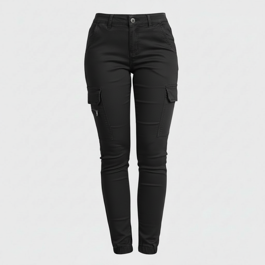 Dettaglio tasche laterali sui pantaloni cargo donna aderenti, realizzati in tessuto elasticizzato, stile moda.