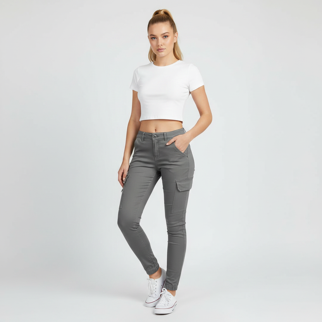 Pantaloni cargo donna aderenti con tasche laterali, perfetti per moda casual e streetstyle.