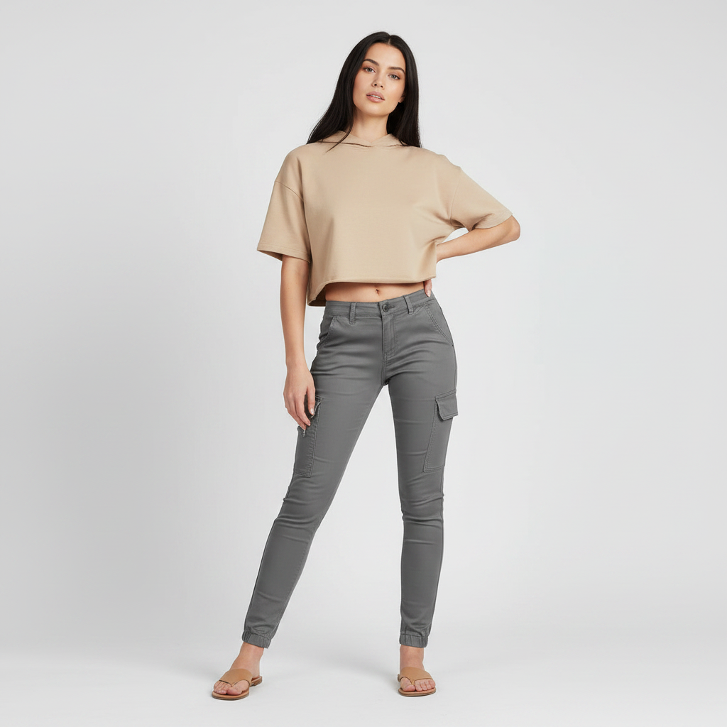 Modella indossa pantaloni cargo donna aderenti neri con tasche laterali, perfetti per streetstyle e moda casual.