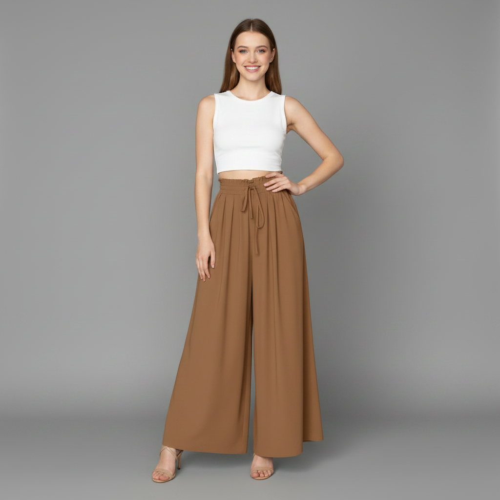Pantaloni beige eleganti donna, vita alta e gamba larga, perfetti per l'ufficio.