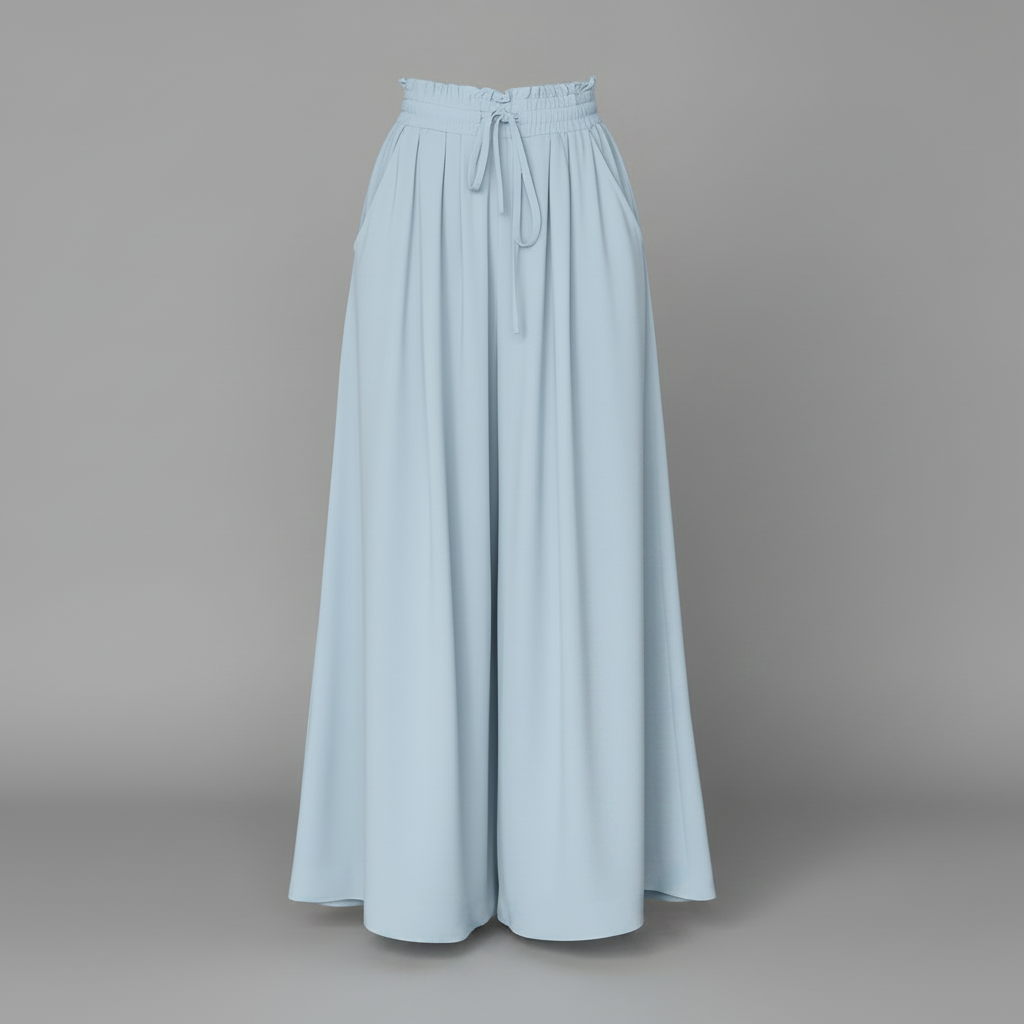 Pantaloni blu eleganti donna, vita alta e gamba larga, abbigliamento moda donna.