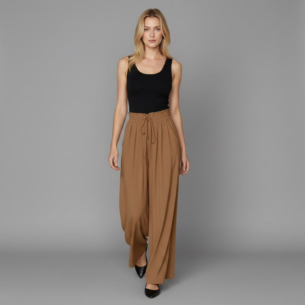 Pantaloni eleganti donna vita alta e gamba larga, ideali per un look sofisticato.