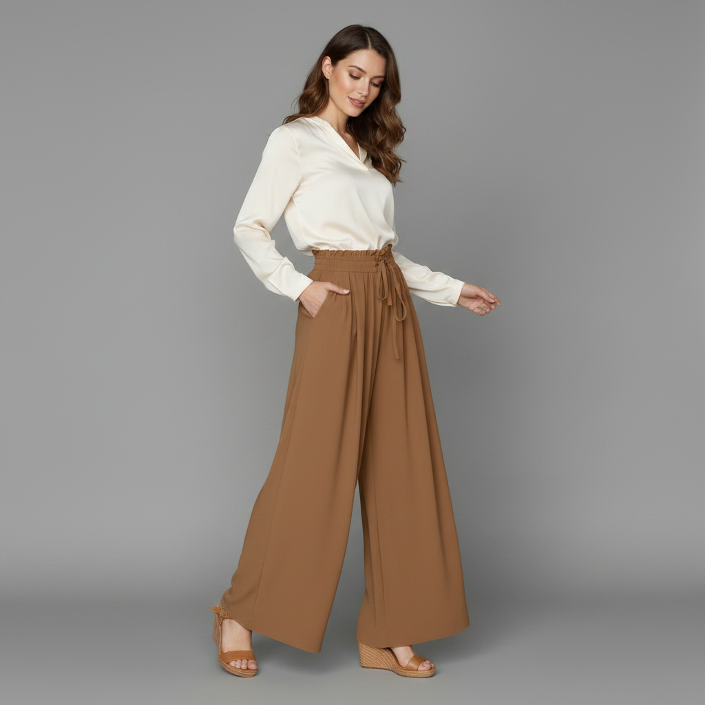 Pantaloni donna eleganti con vita alta e gamba larga, per un look moderno e confortevole.