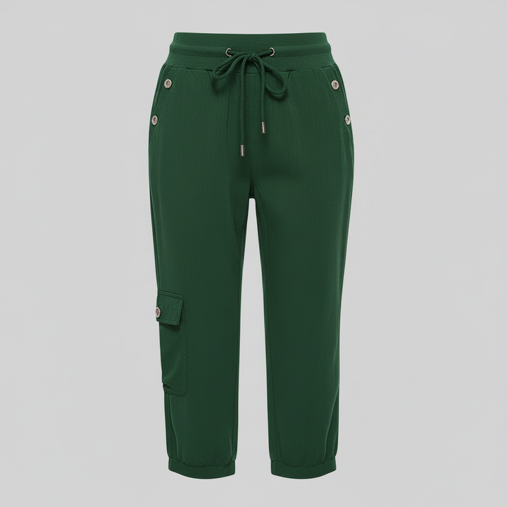 Comodi pantaloni cargo donna grigi, con coulisse in vita e ampie tasche, perfetti per il tempo libero.
