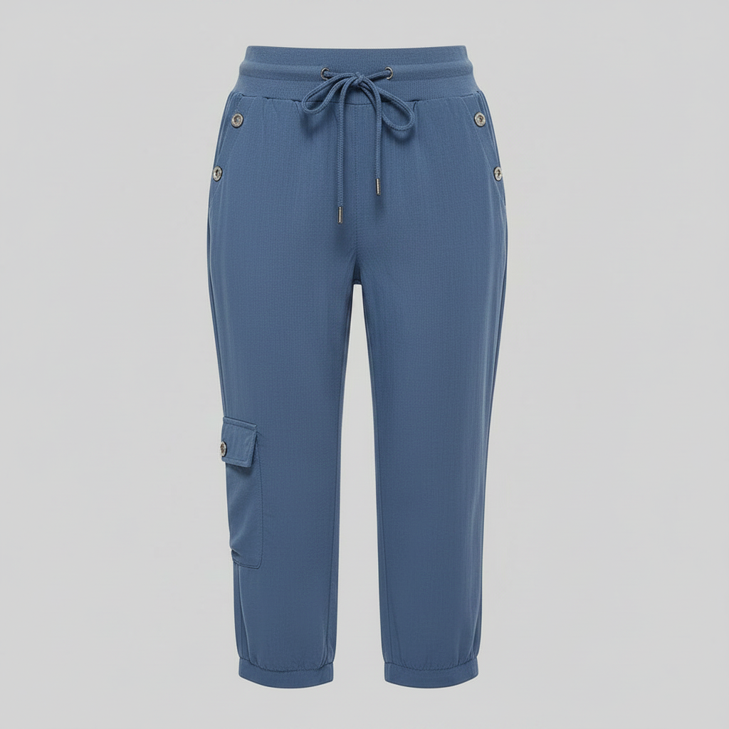 Pantaloni cargo donna con coulisse e tasche, stile rilassato, disponibili in grigio, verde scuro, nero.