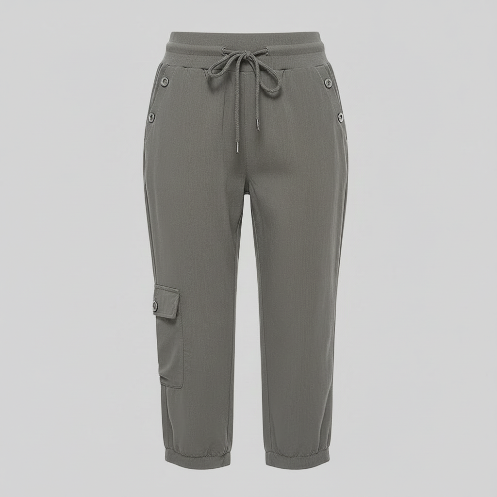 Pantaloni cargo donna casual verde scuro con tasche utili e coulisse per una vestibilità comoda e trendy.