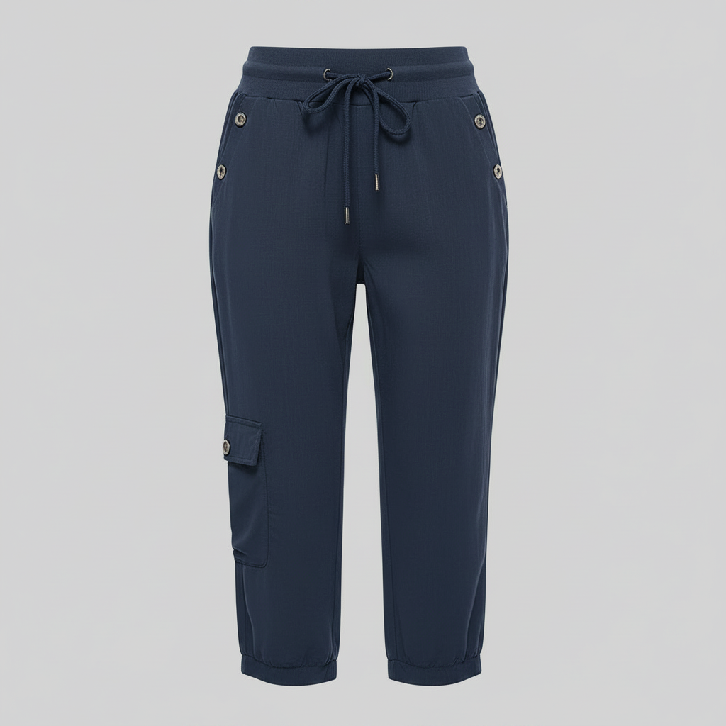 Pantaloni cargo neri donna con coulisse per una vita regolabile e tasche funzionali, stile casual chic.