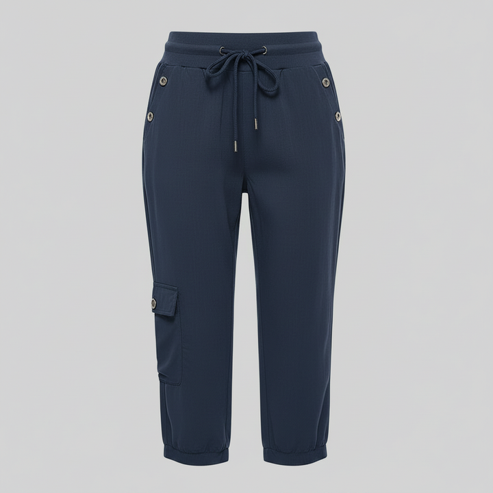 Pantaloni cargo neri donna con coulisse per una vita regolabile e tasche funzionali, stile casual chic.