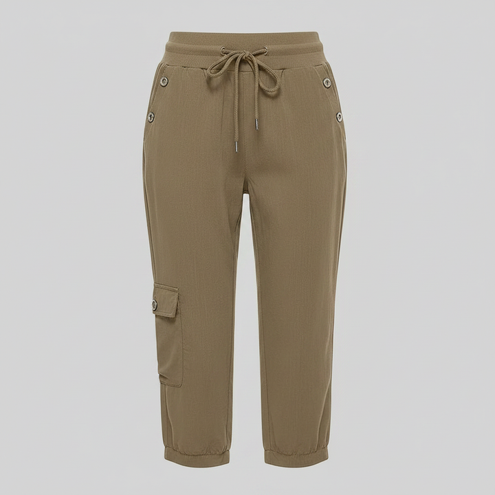 Pantaloni cargo donna versatili, con coulisse e tasche, perfetti per un outfit casual e confortevole ogni giorno.