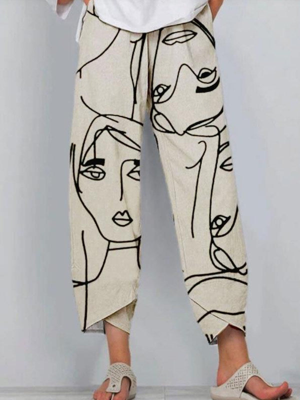 Pantaloni larghi estivi donna beige con stampa artistica astratta e vita elastica. Perfetti per moda estiva casual.