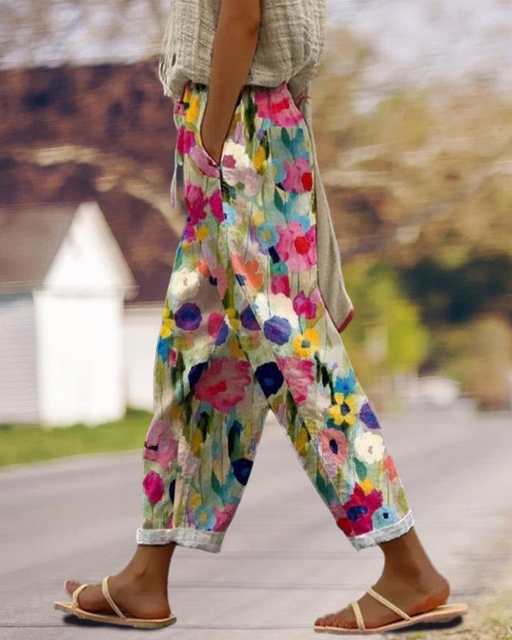 Pantaloni estivi da donna, stampa floreale acquarello. Comodi e casual per primavera/estate, stile boho chic.