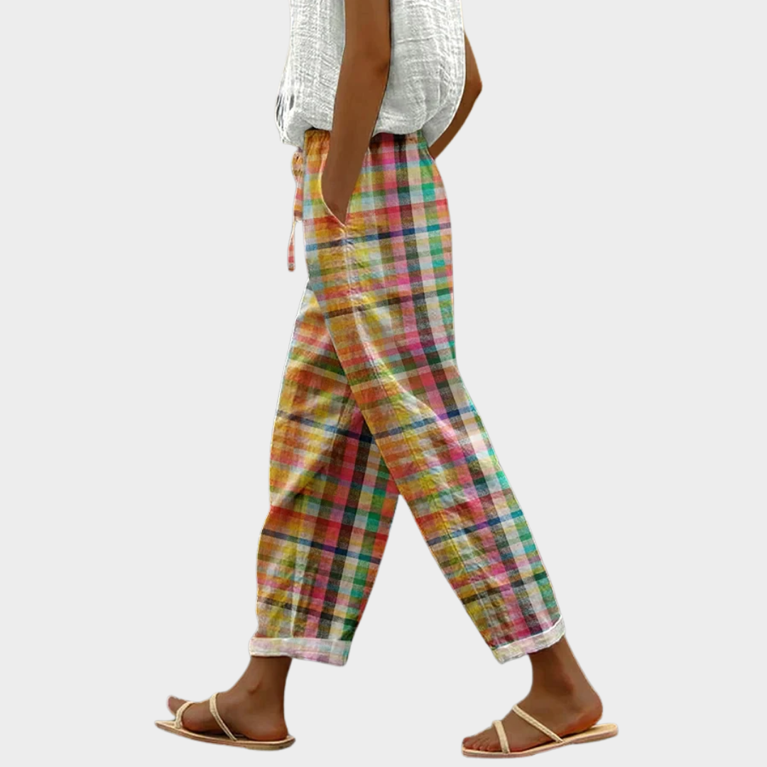 Pantaloni estivi donna tartan multicolore con vita elastica, perfetti per look casual e di tendenza primavera estate.