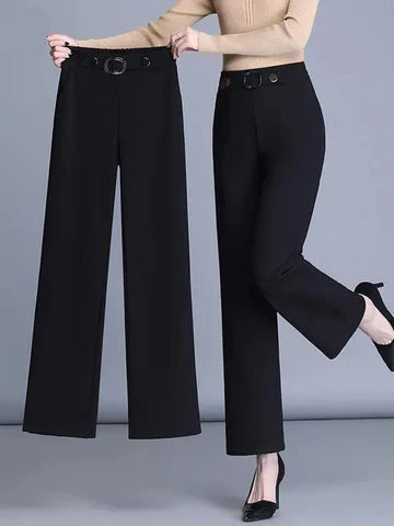 Pantaloni donna sartoriali a gamba ampia, vita alta. Ideali per outfit ufficio o casual chic con stile.