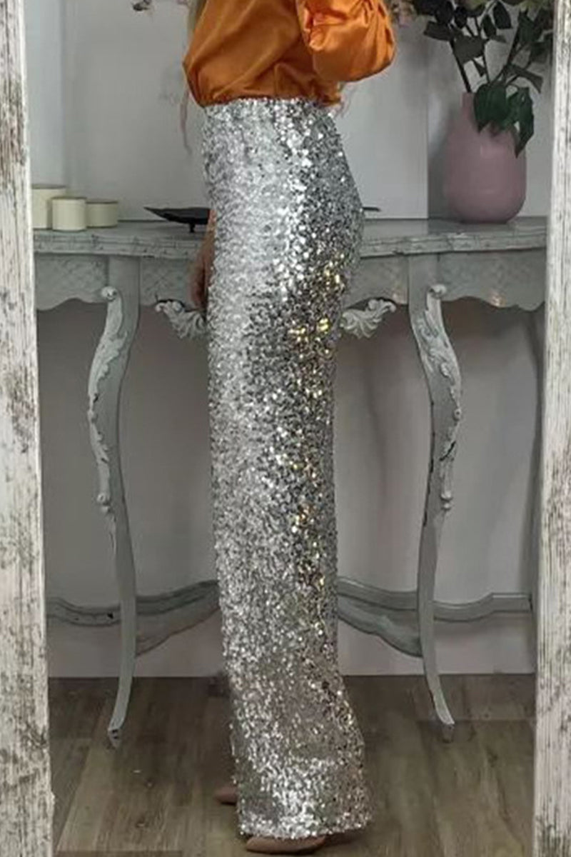 Pantaloni donna paillettes vita alta e gamba dritta. Eleganti per festa, moda serale, autunno inverno. Look brillante.
