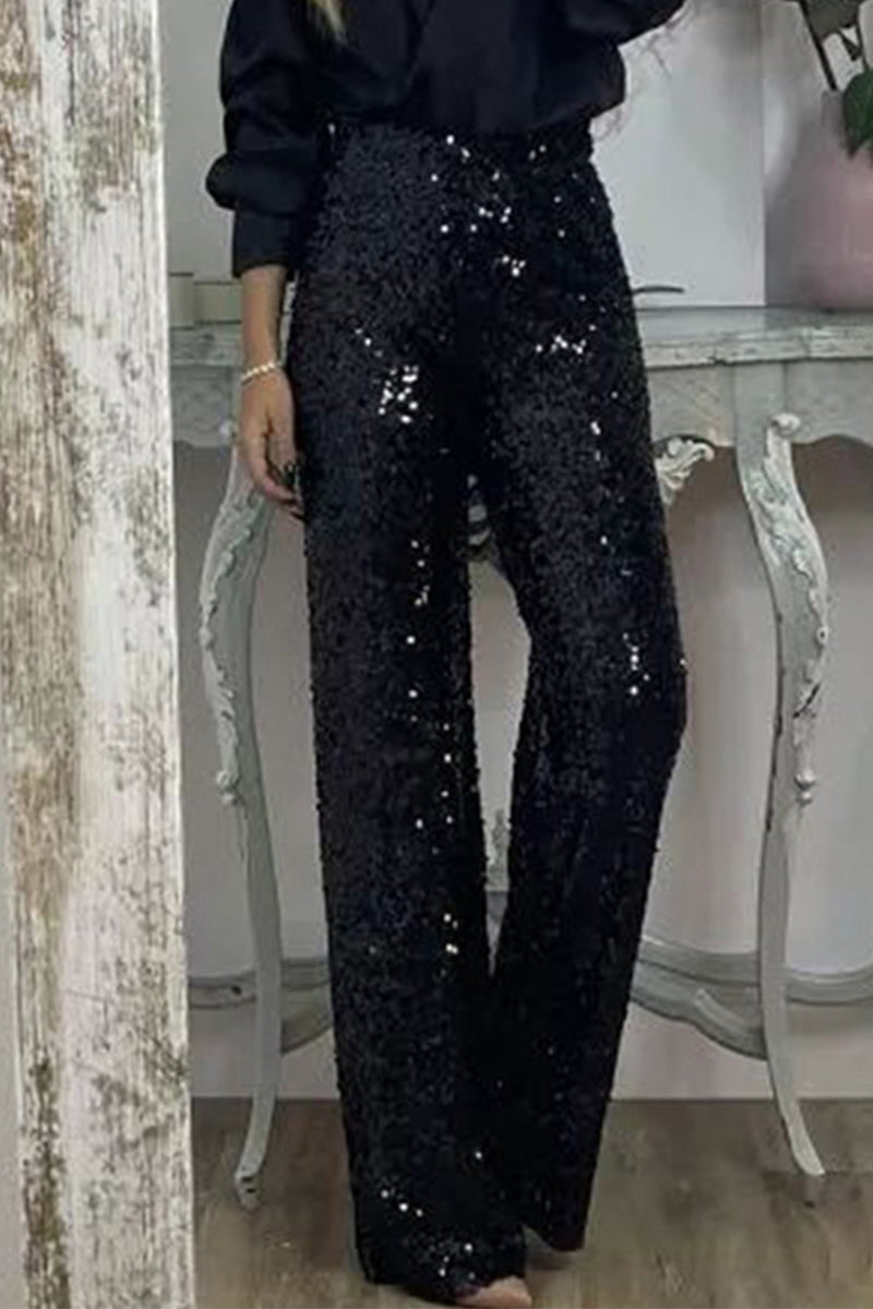 Pantaloni donna vita alta con paillettes brillanti e gamba dritta. Un capo elegante per moda serale e feste speciali.
