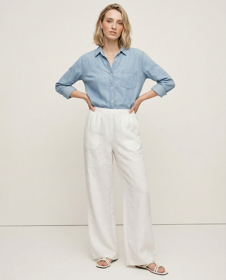 Moda donna: pantaloni ampi con vita regolabile, ideali per spiaggia o outfit casual.
