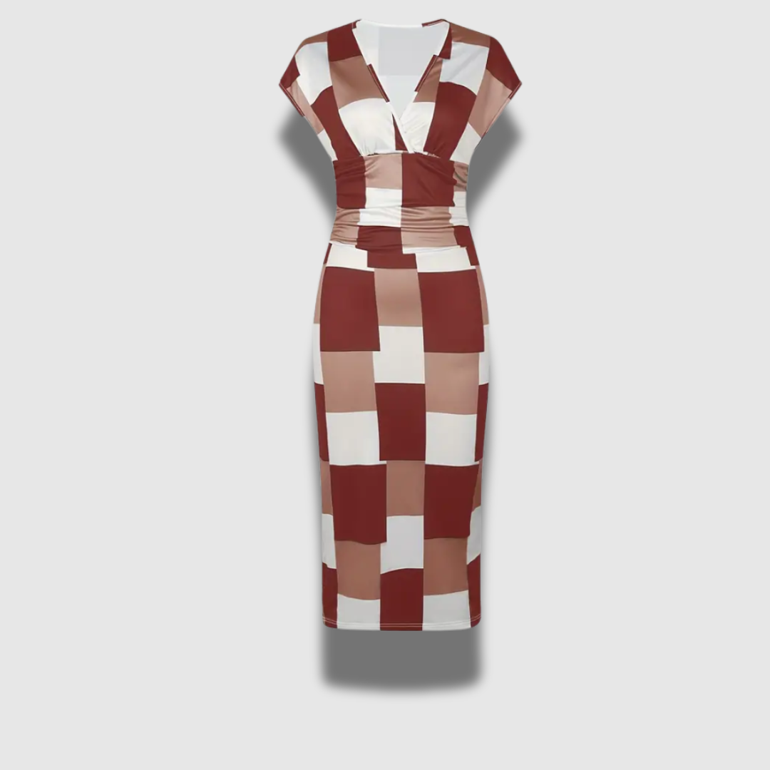 Vestito donna bodycon con stampa patchwork unica e scollo a V. Abito aderente e multicolore.
