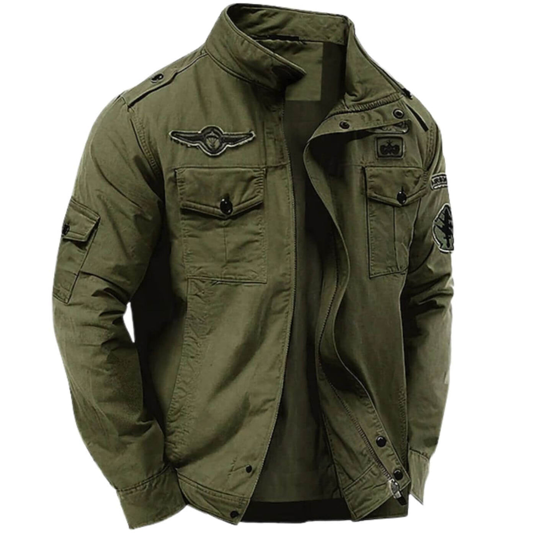 Giacca cargo militare da uomo premium con collo alto, look robusto. Ideale per abbigliamento urbano e outdoor.