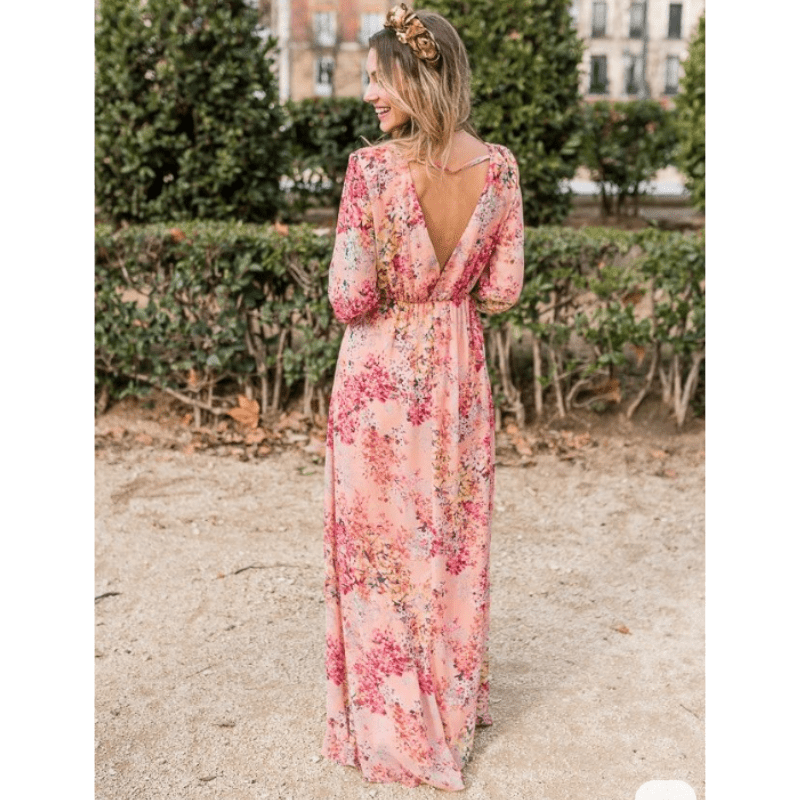 Abito lungo donna floreale rosa, perfetto per un look bohémien, fluido e romantico. Ideale per vacanze e spiaggia.