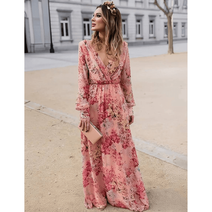 Abito lungo bohémien floreale da donna, rosa, fluido. Perfetto per l'estate, vacanze e un look romantico.