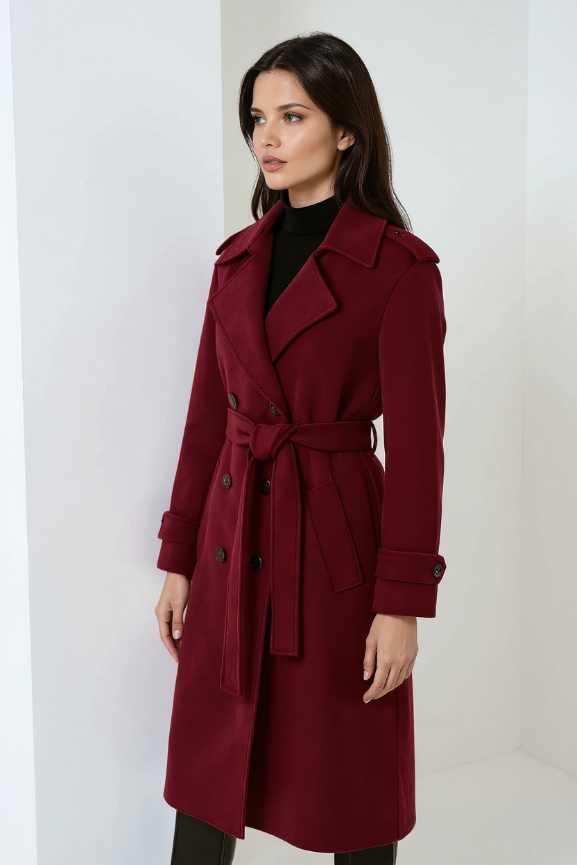 Moda donna: cappotto bordeaux lungo doppiopetto per l'inverno. Un capospalla chic e confortevole.