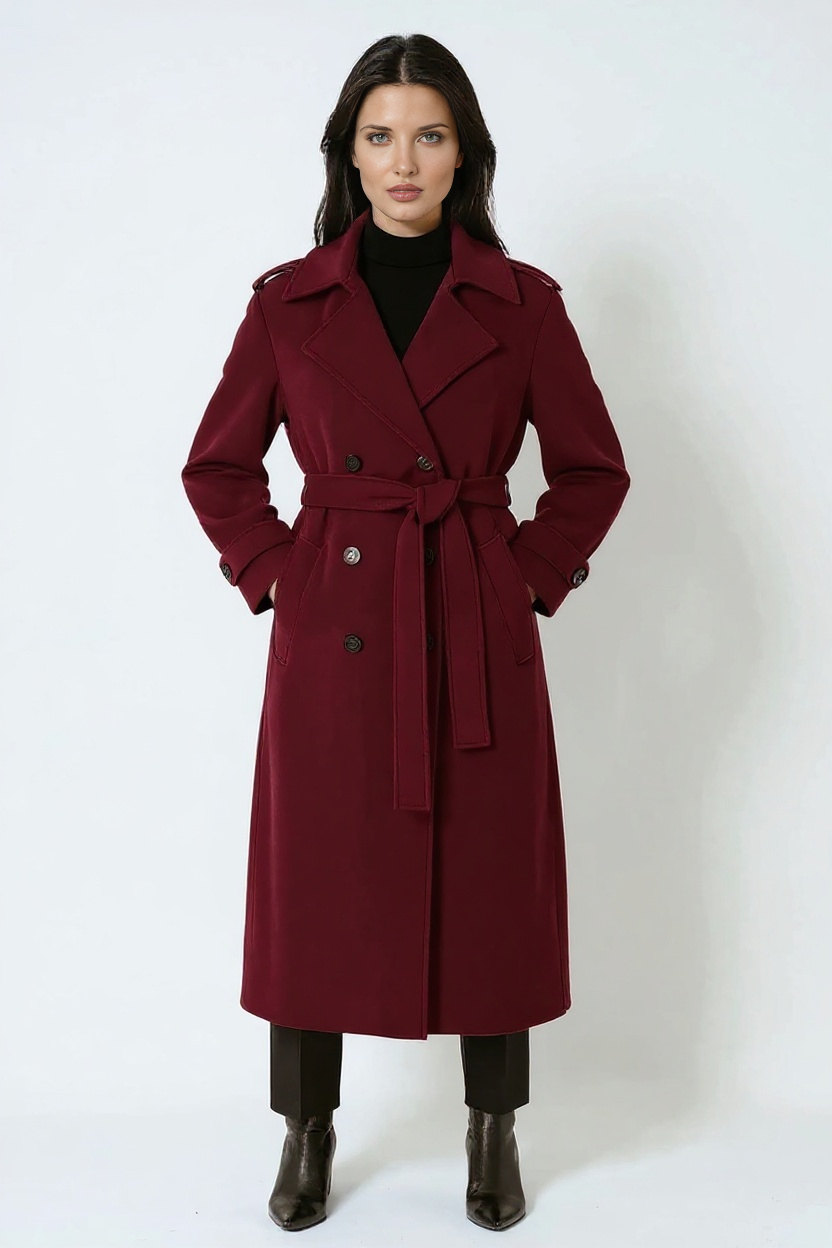 Elegante cappotto invernale donna bordeaux. Modello lungo, ideale per un look raffinato e protezione dal freddo.