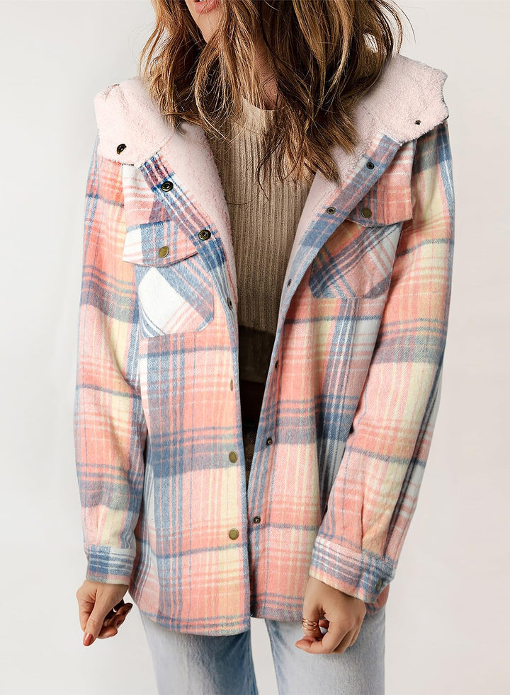 Giacca donna autunnale/invernale a quadri con cappuccio, stile casual e confortevole.