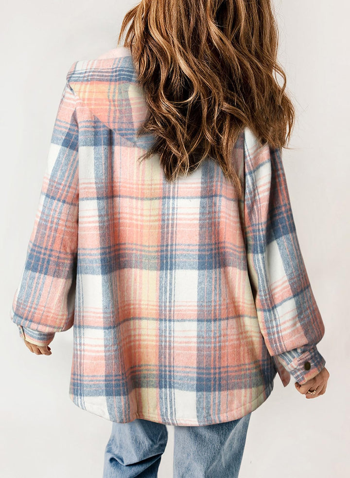 Giacca donna autunnale a quadri, con cappuccio per protezione e stile.