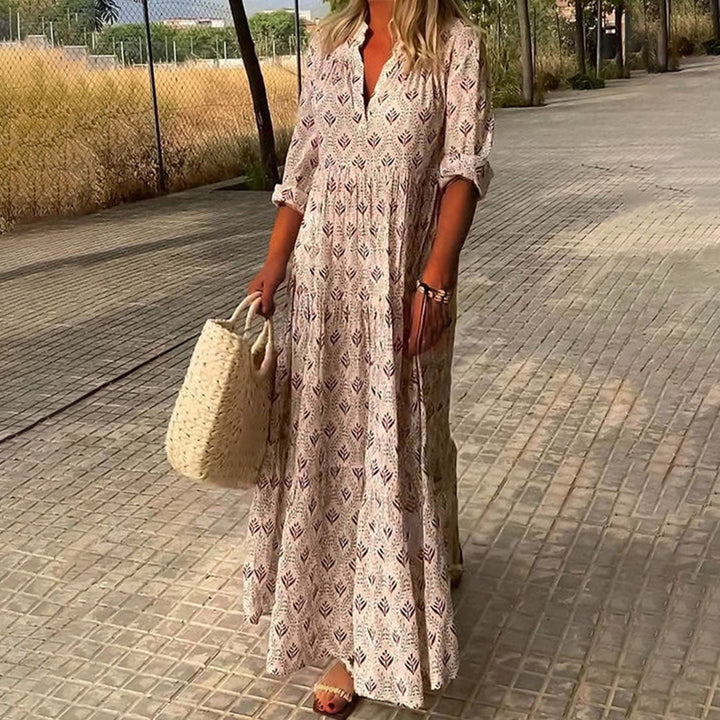 Abito lungo donna estivo con scollo a V, stile boho chic, leggero e confortevole per la moda estiva.