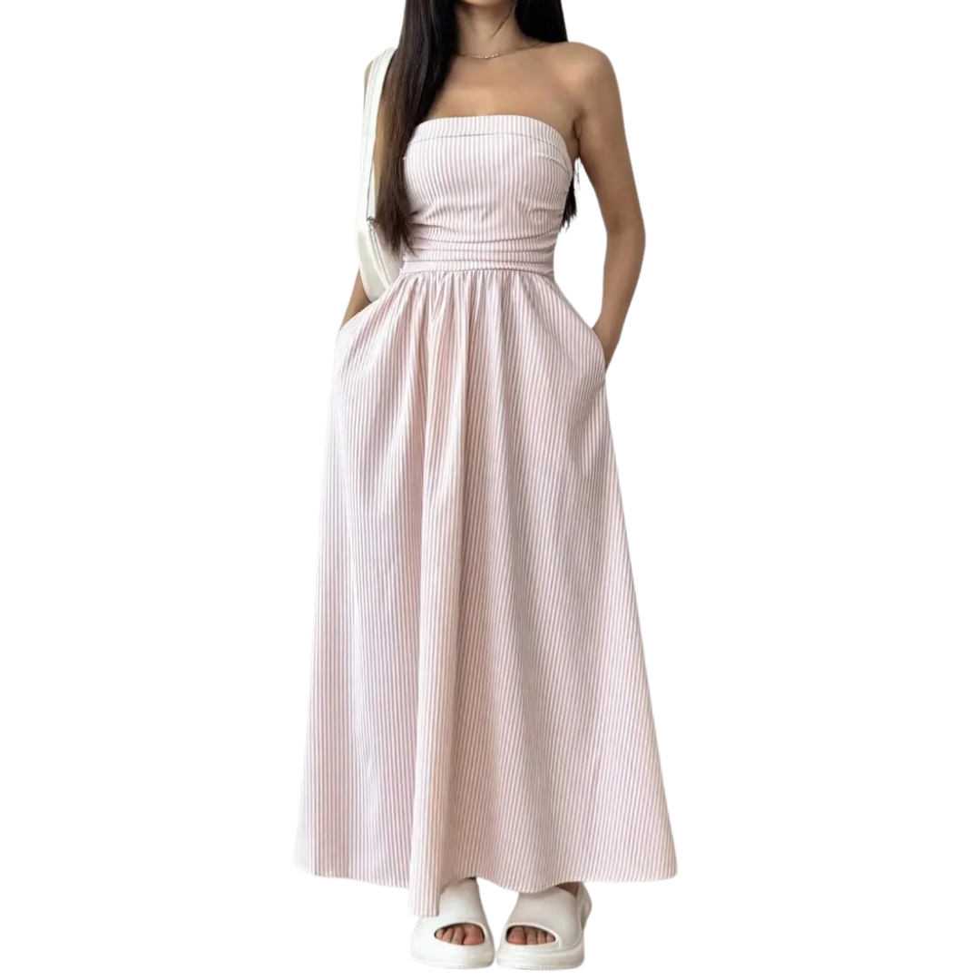 Elegante abito estivo maxi a righe per donna, senza spalline. Ideale per vacanze, moda mare e outfit casual.
