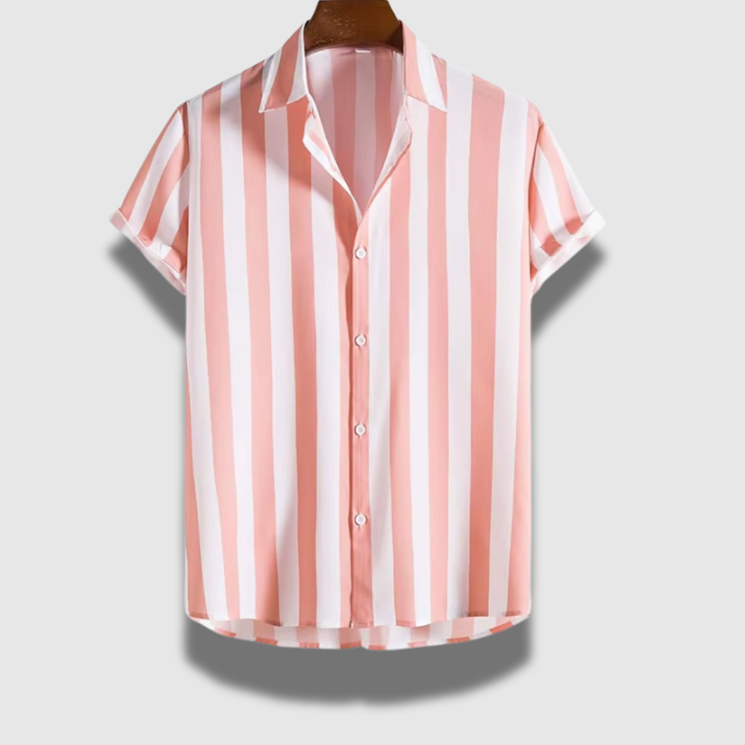 Camicia a righe per uomo, maniche corte, leggera, per un look estivo casual e alla moda.