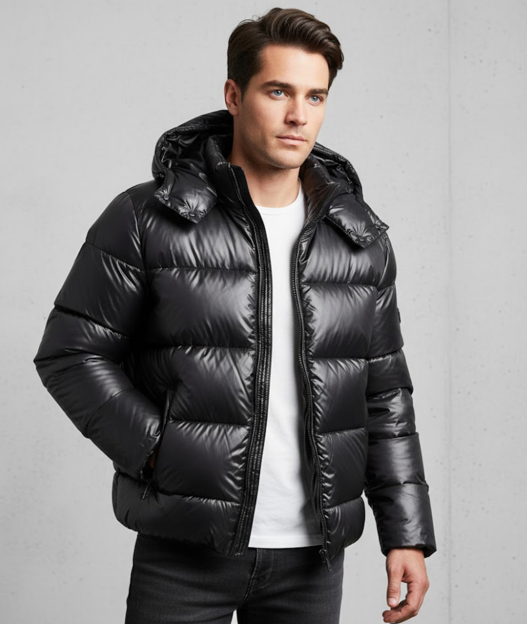 Piumino uomo lucido nero con cappuccio, ideale per un look urbano e protezione dal freddo invernale.