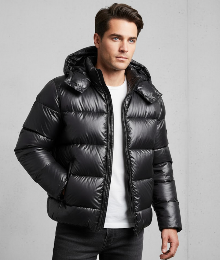 Piumino uomo lucido nero con cappuccio, ideale per un look urbano e protezione dal freddo invernale.