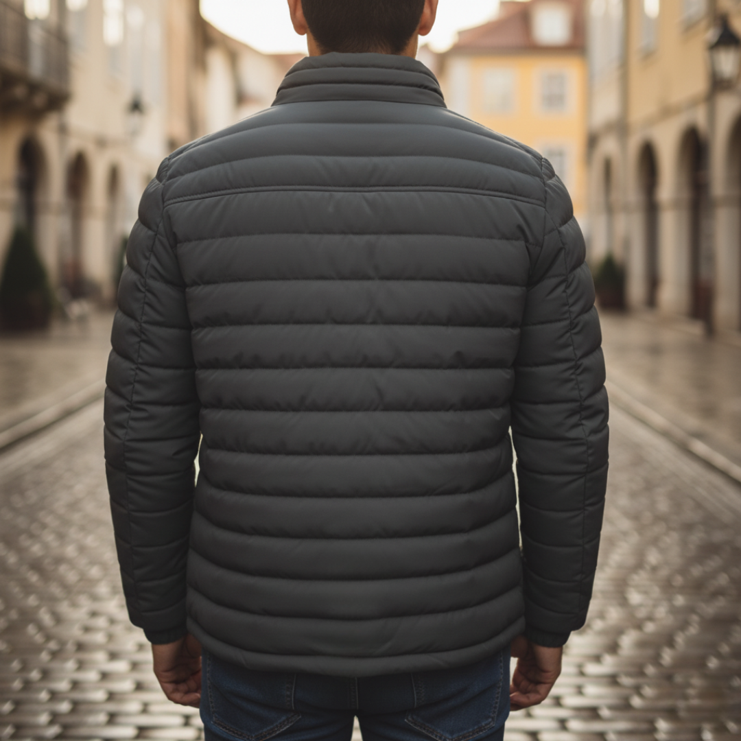 Giubbotto invernale uomo con zip robusta e collo alto, offre comfort e protezione antivento per le giornate fredde.