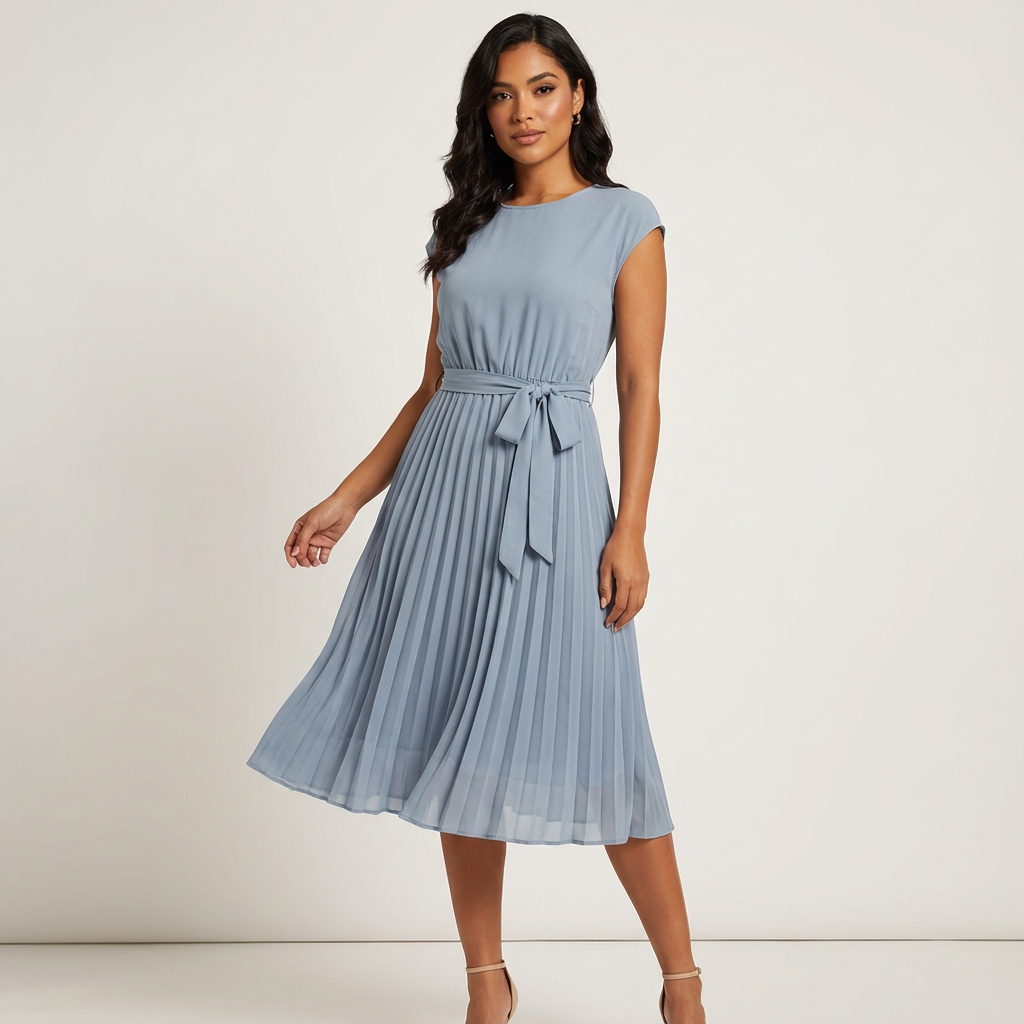 Moda donna: abito midi plissettato con cintura, un capo femminile e chic per l'ufficio.