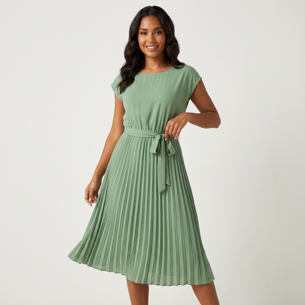 Vestito midi plissettato elegante da donna con cintura, perfetto per un look professionale.