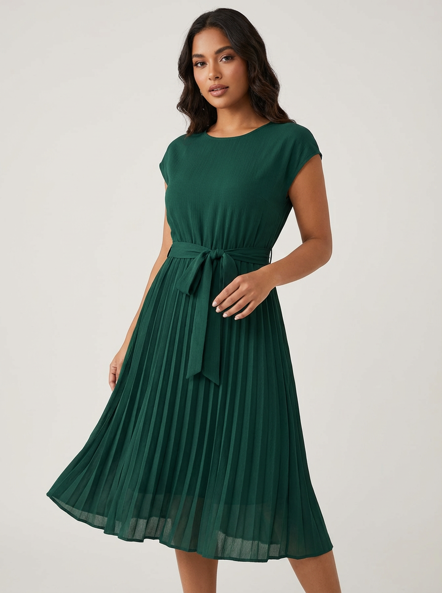 Vestito midi plissettato donna con cintura, abbigliamento femminile raffinato per ogni occasione.