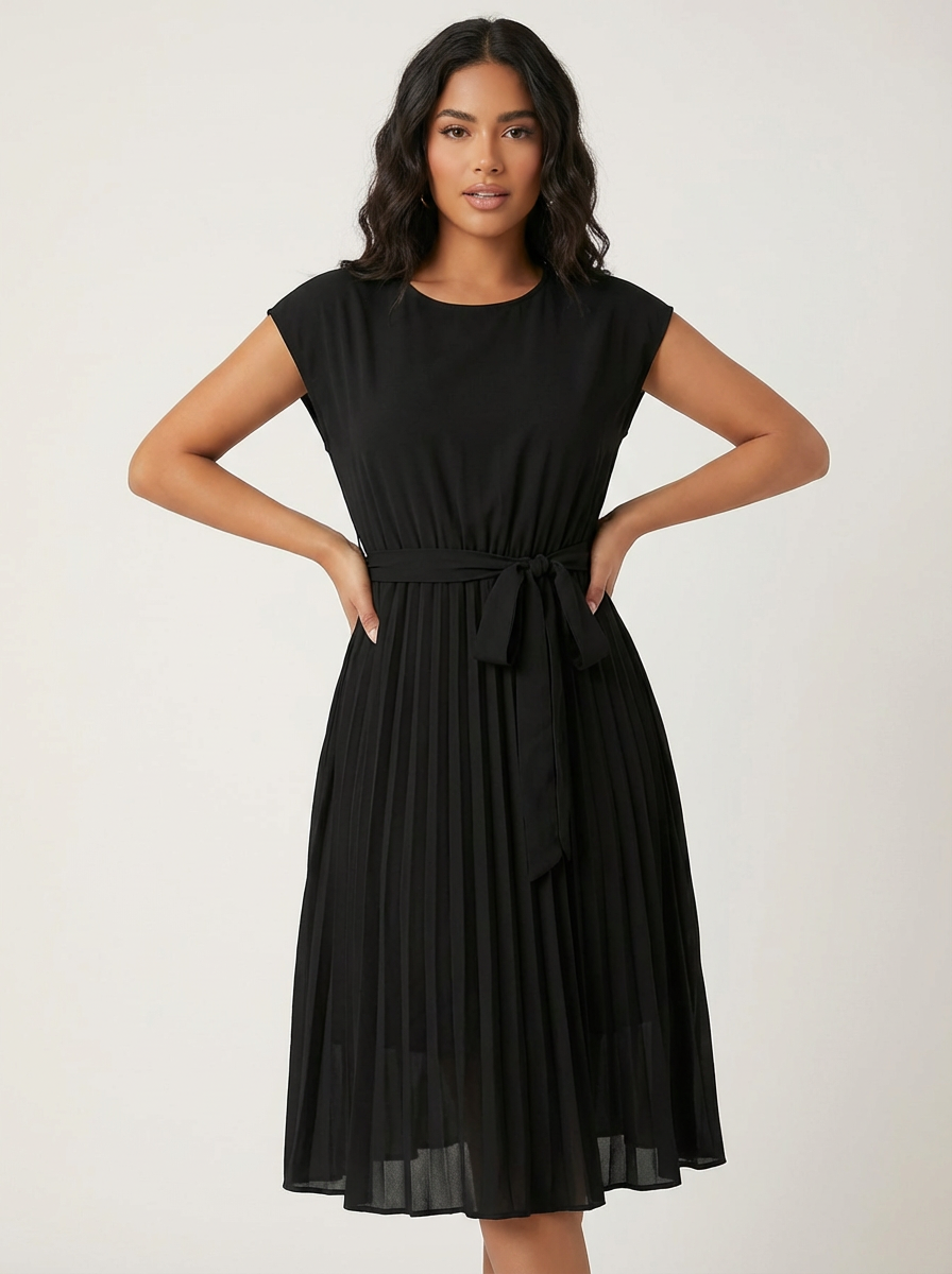 Elegante vestito midi plissettato blu da donna con cintura, ideale per serate o ufficio.