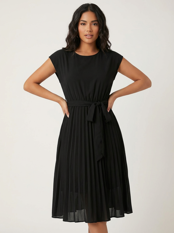 Elegante vestito midi plissettato blu da donna con cintura, ideale per serate o ufficio.