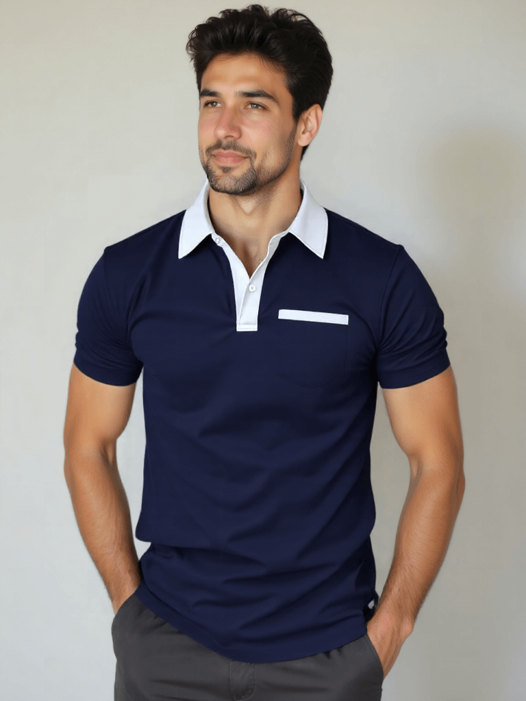 Camicia polo uomo, stile classico moderno con colletto distinto per abbigliamento maschile di tendenza.