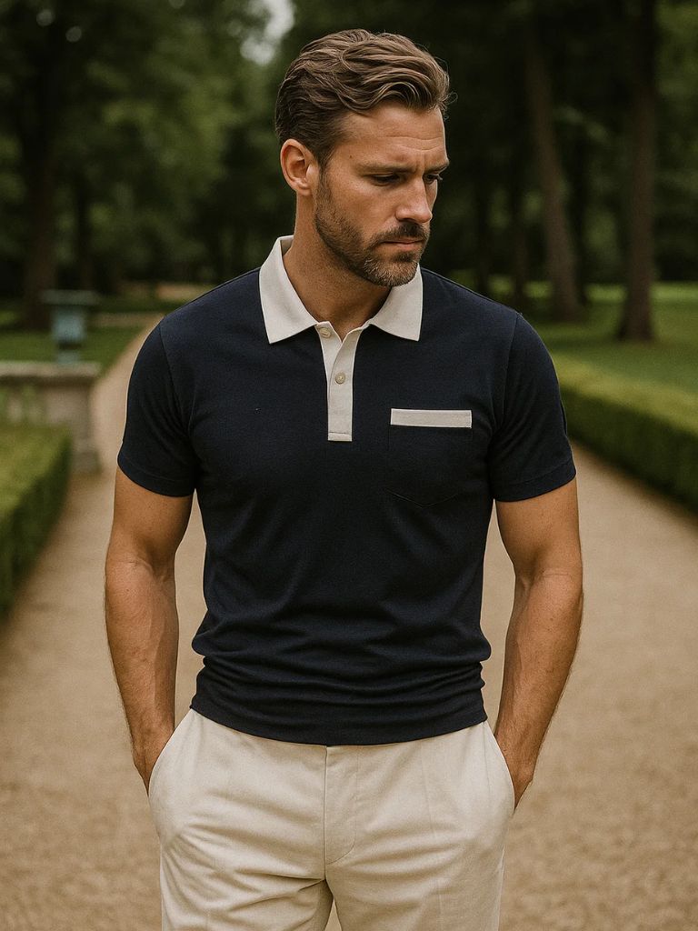 Polo uomo raffinata, ideale per moda maschile smart casual, colletto a contrasto elegante e chic.