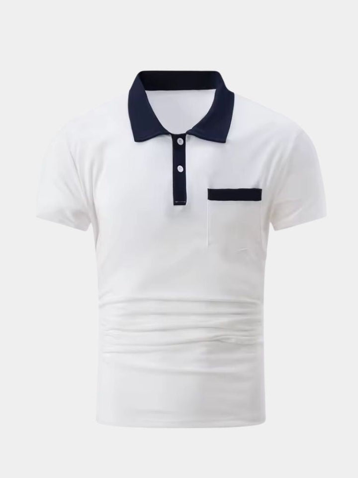 Polo maschile chic, stile classico reinventato con colletto a contrasto per un look distinto e moderno.