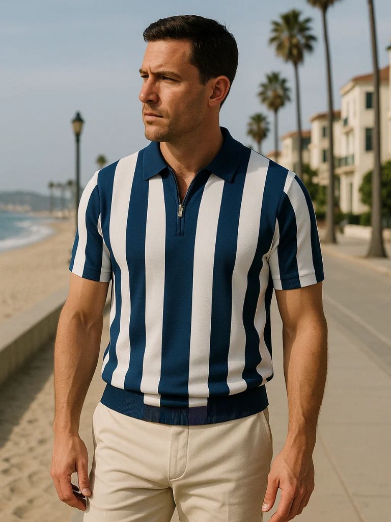 Polo a righe da uomo con zip frontale. Abbigliamento maschile casual, perfetto per l'estate.