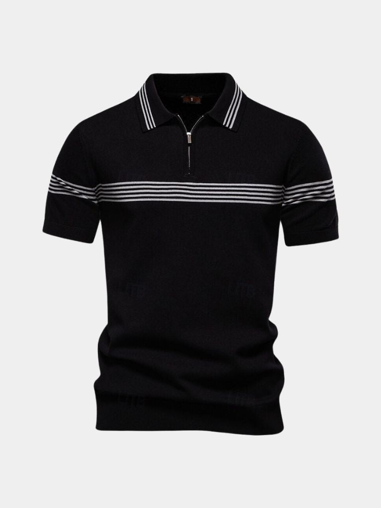 Polo uomo elegante a righe con collo a zip, stile smart casual per moda maschile.