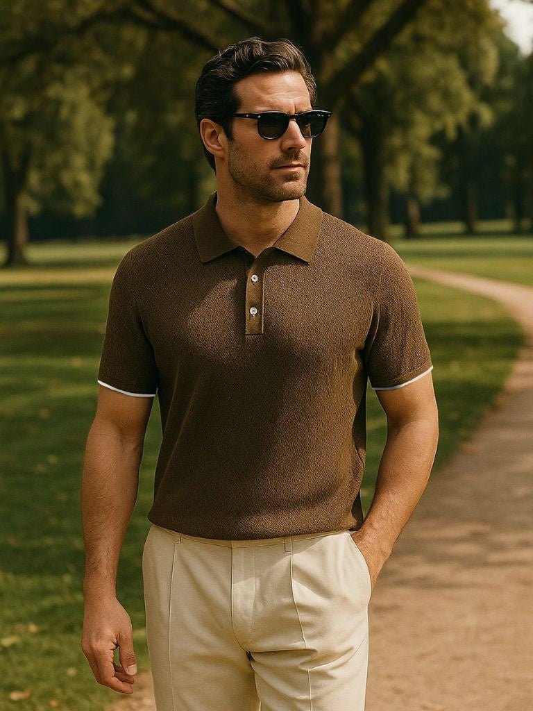 Polo uomo elegante con motivo chevron. Stile raffinato, maniche corte.