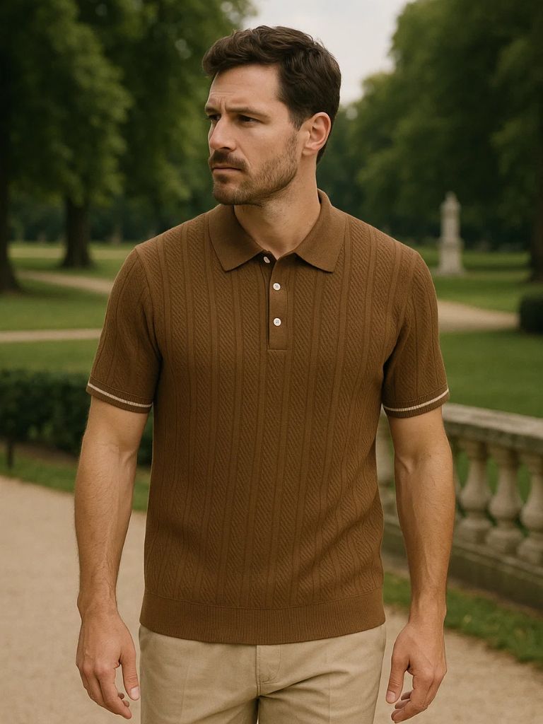 Polo uomo grigia a manica corta con texture, ideale per uno stile casual chic e abbigliamento maschile.
