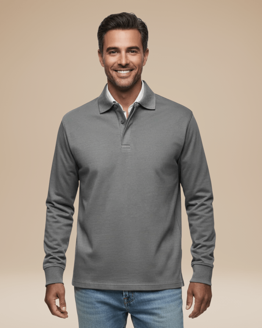 Modello di polo uomo a maniche lunghe grigio melange, per l'abbigliamento autunnale.
