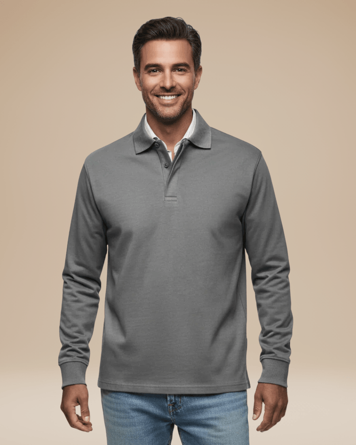 Modello di polo uomo a maniche lunghe grigio melange, per l'abbigliamento autunnale.