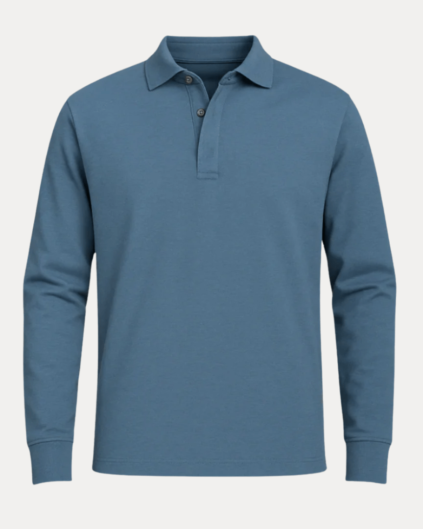 Elegante polo uomo a maniche lunghe grigia, perfetta per look versatili quotidiani.